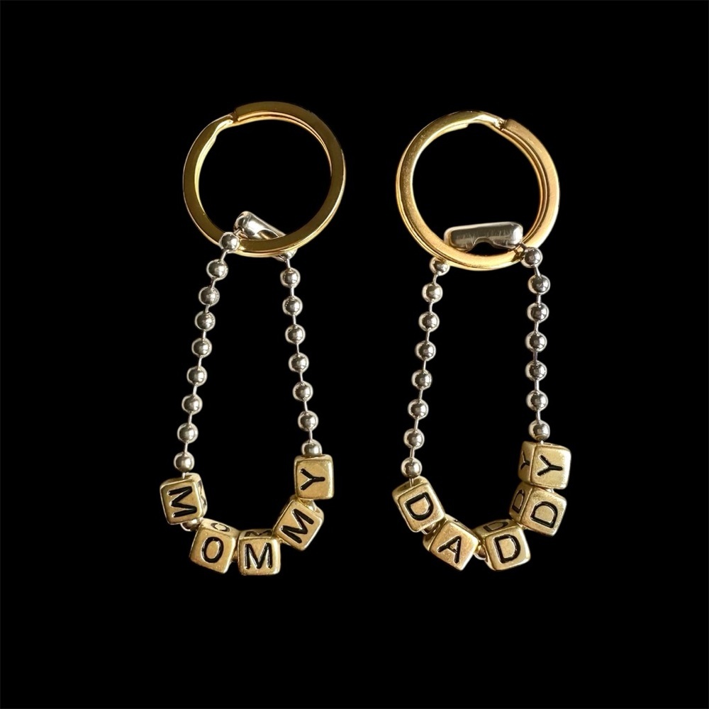 Gold Block Letter Keychain Set of 2 for 'MOMMY' and 'DADDY' Beaded Handmade